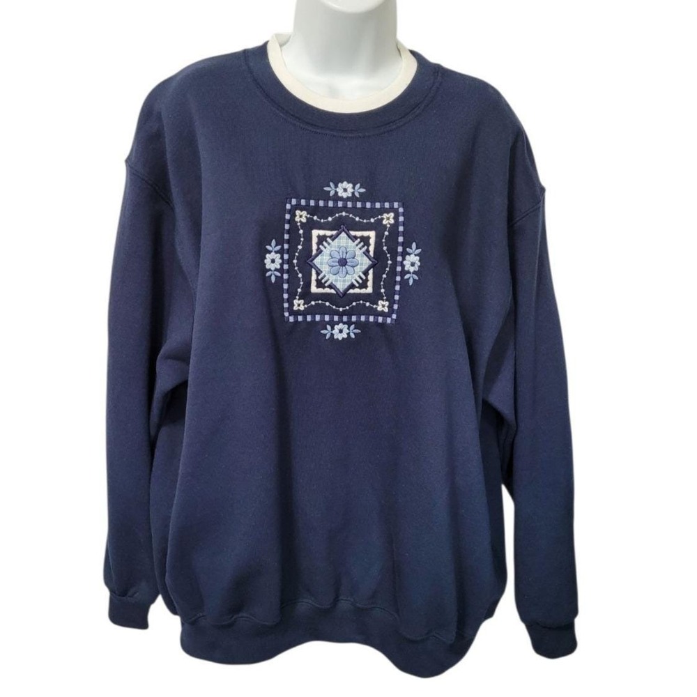 Day Breeze Sweatshirt Size 2X Embroidered Flowers Grandma Cottage Core Blue